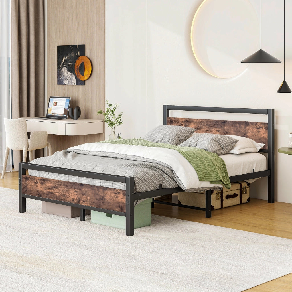 Letto in metallo e MDF 140x190 cm con rete a doghe, testiera alta e spazio sottoletto