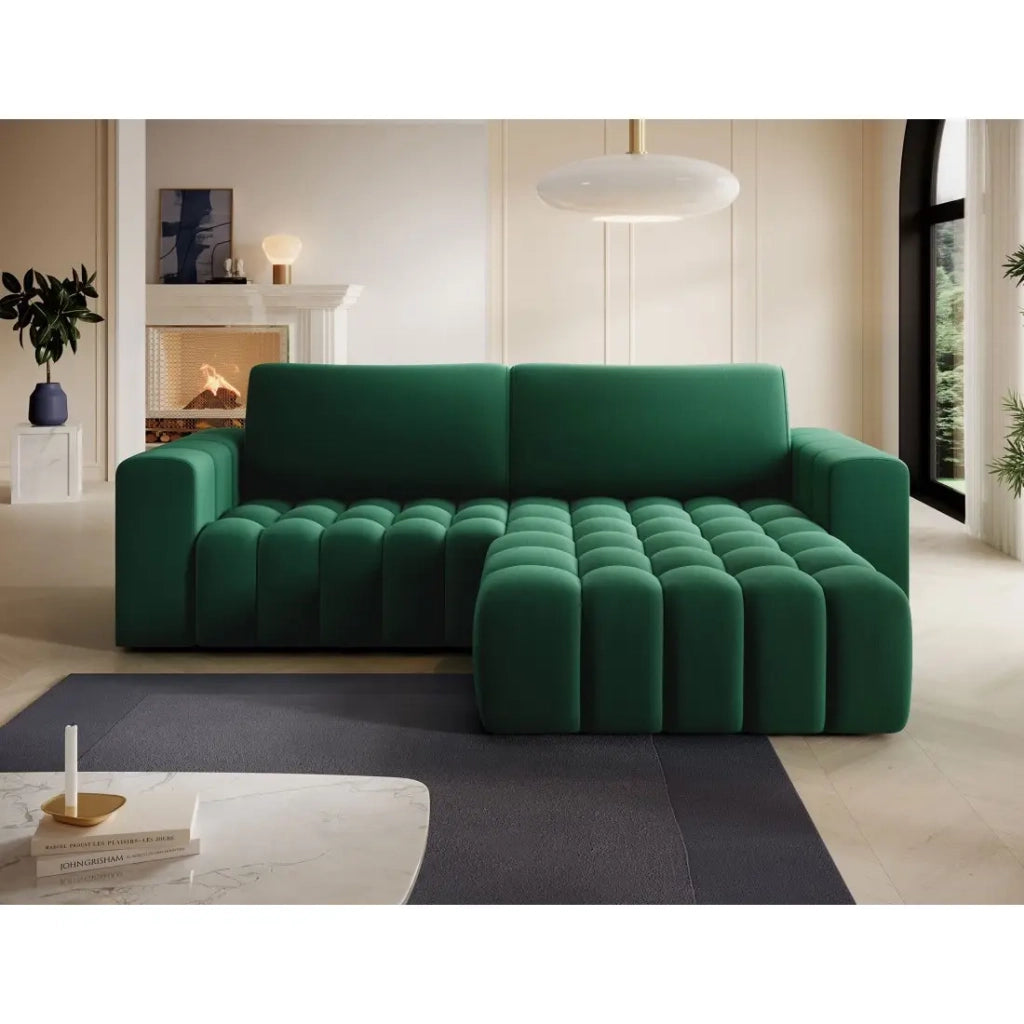 Divano angolare convertibile DORY verde scuro 250 cm con vano contenitore angolo destro