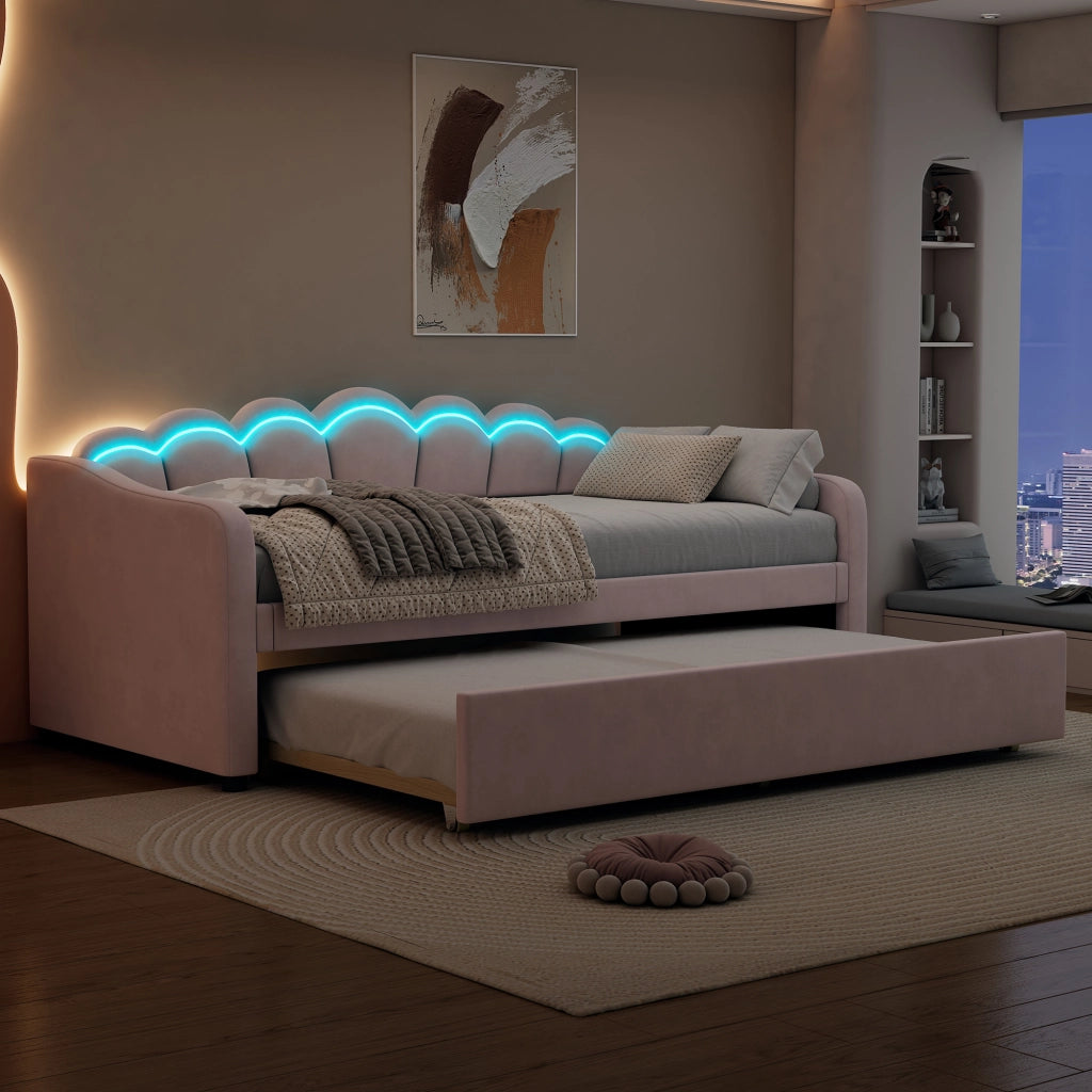 LETTO con letto estraibile 90x200 cm in velluto rosa con LED