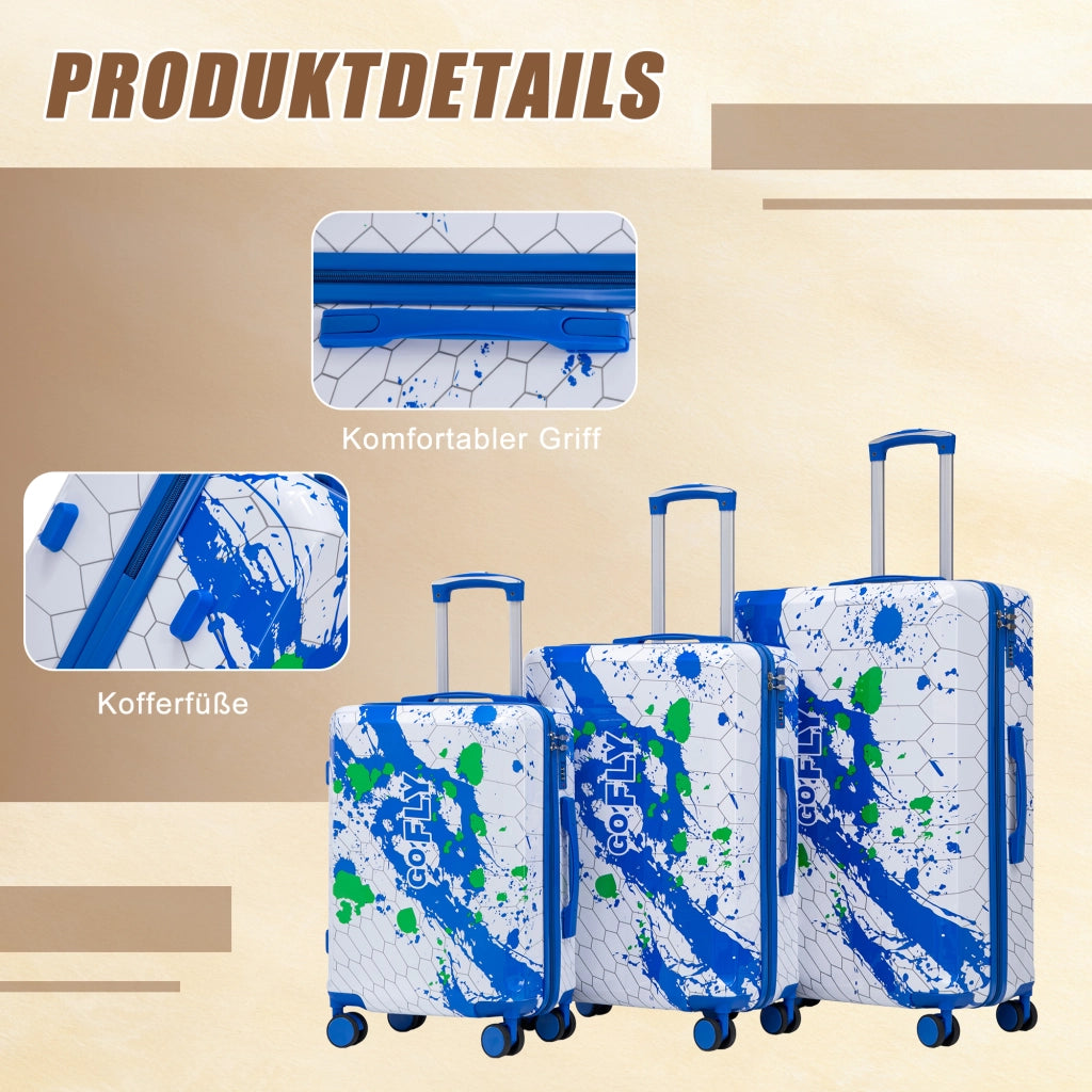 Set di 3 valigie rigide in pc con stampa a spruzzi, lucchetto a combinazione e ruote girevoli blu