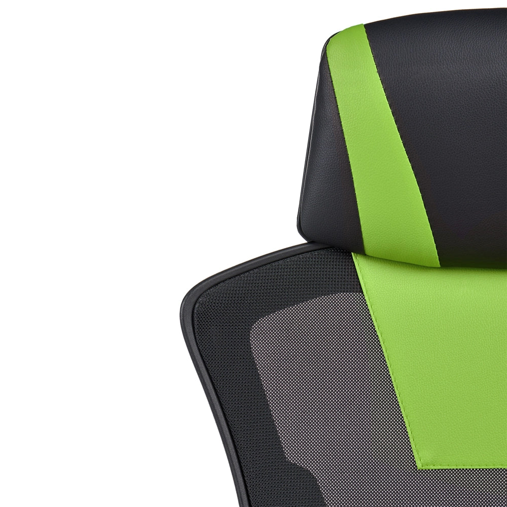 Sedia da ufficio in ecopelle verde lime e nero regolazione in altezza con pistone a gas, funzione di inclinazione, rotazione a 360°, schienale e braccioli regolabili