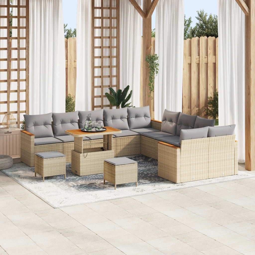 Set da giardino da 13 pezzi con cuscini beige in polyrattan acacia