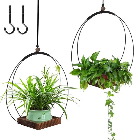 Porta piante per interni - Lampada da parete macramé - Lampada da terra con base in legno - Ganci da parete - Piante per stanza - Piante grasse - Piante aeree - Cactus - Nero - 1