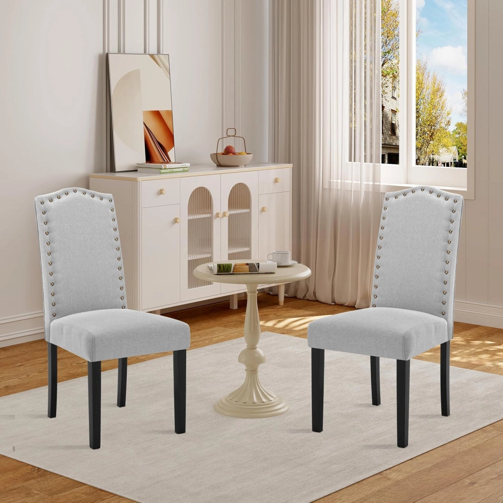 6 Pezzi Sedie per Sala da Pranzo con Schienale Alto, Sedie da Cucina con Gambe in Legno Massello, Sedia da Soggiorno Imbottite, Decorazione con Rivetti, in Lino, Grigio chiaro, BH386hgr-6