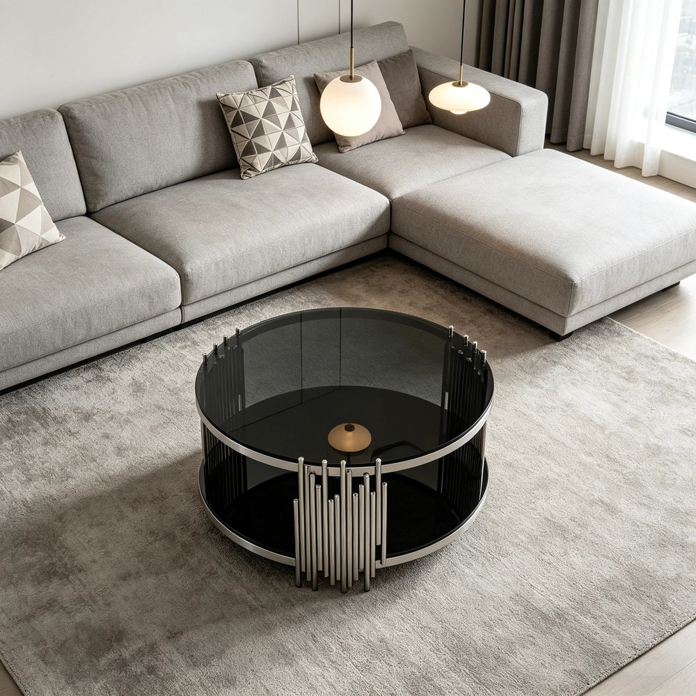 Tavolino da Caff¨¨ Rotondo in Vetro ¨C MINIMAL ¨C Nero, Piano Doppio, Base Acciaio, ?80 cm