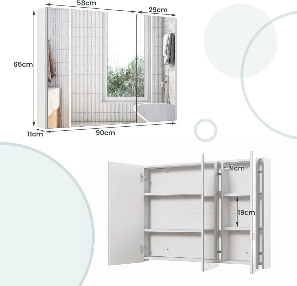 Mobiletto Bagno con Specchio, Specchio Bagno con 2 Ripiani di Stoccaggio, 90x11x65 cm, Bianco