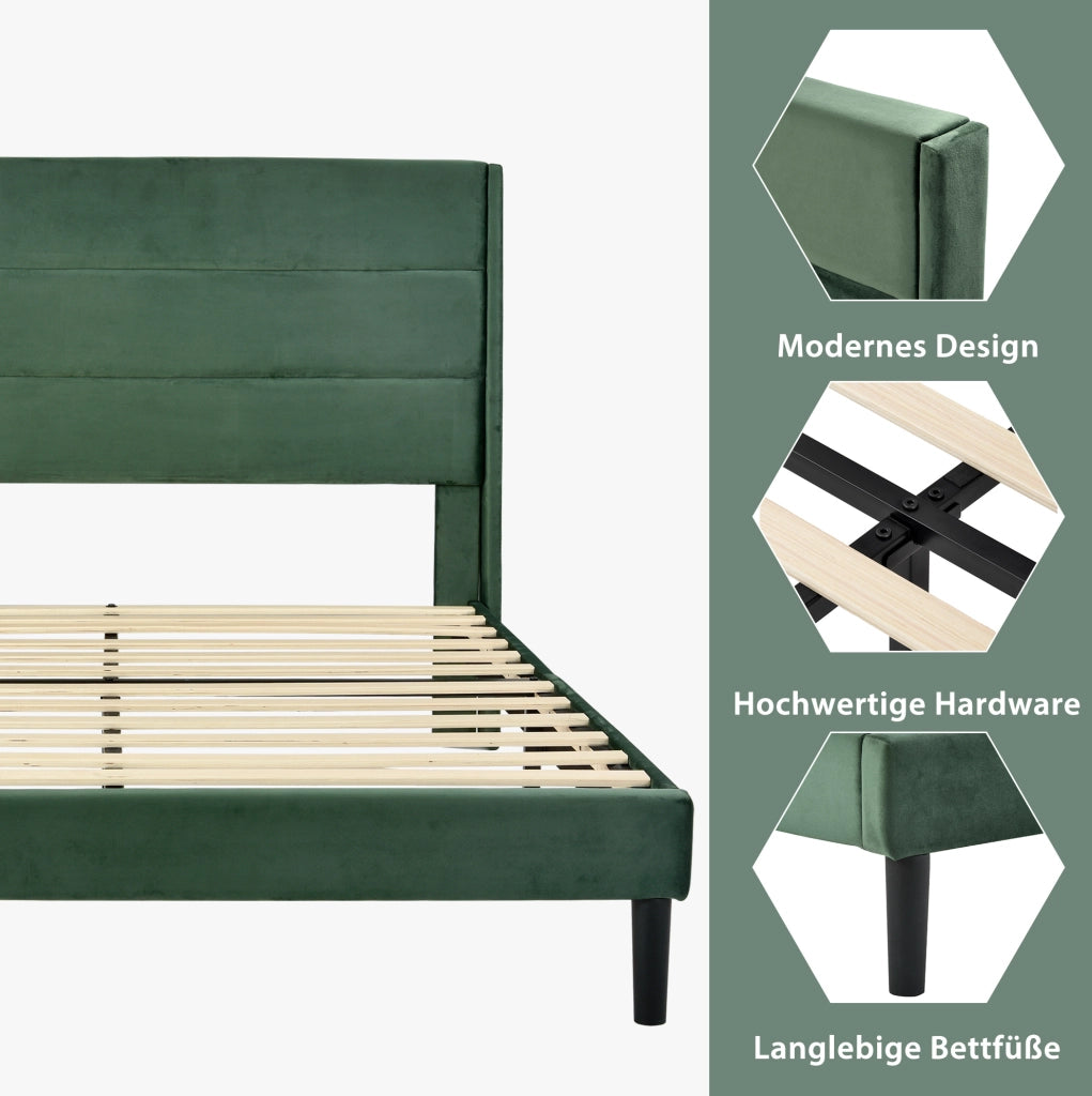 Letto imbottito 140x200 cm con rete a doghe e testiera in velluto verde scuro