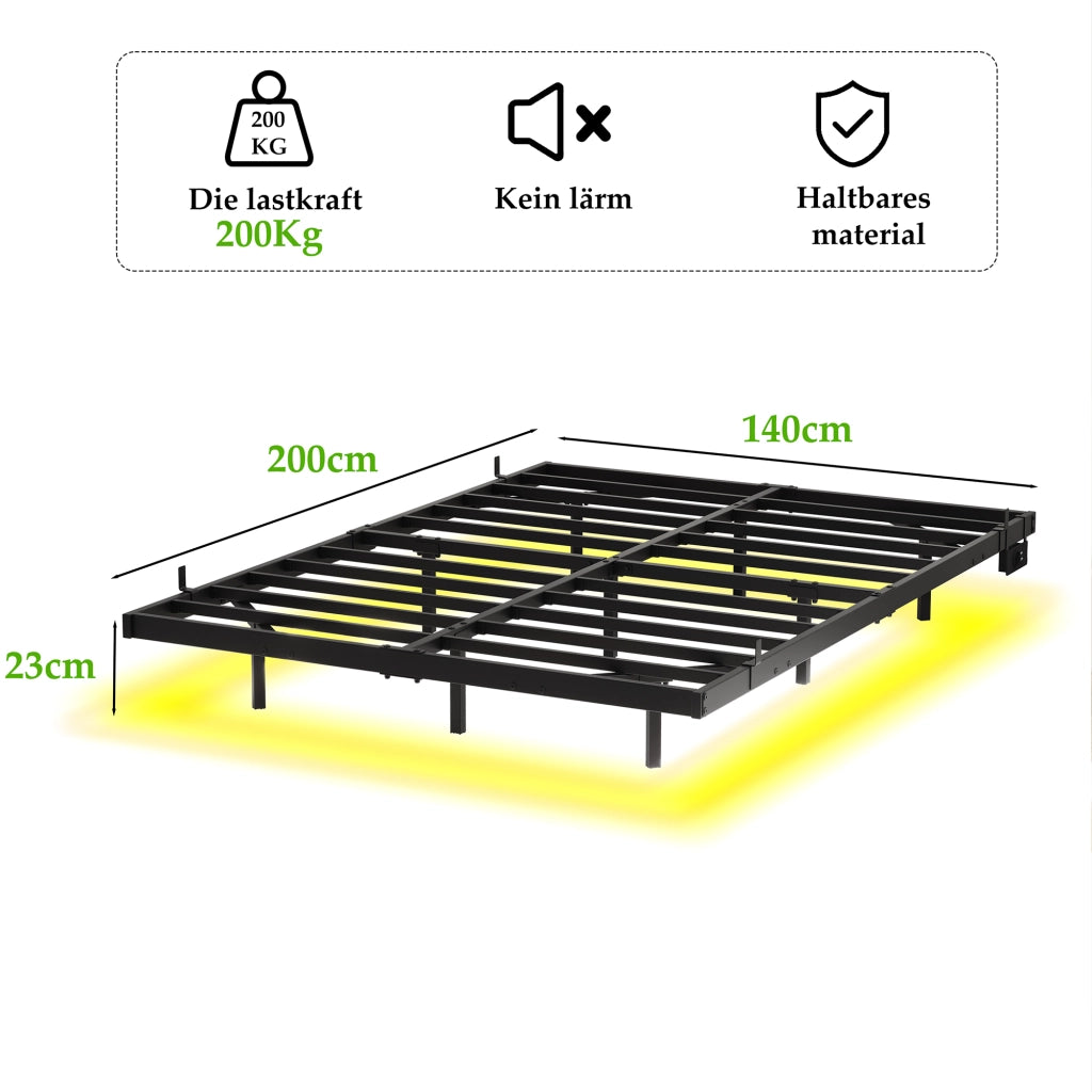 Letto matrimoniale 140 × 200 cm con LED, stazione di ricarica e struttura in metallo, senza materasso, nero