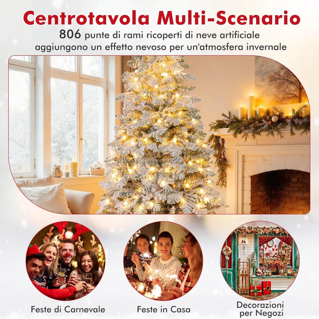 Albero di Natale Innevato 210 cm, Albero di Natale Artificiale con 320 Luci LED, 160 Palline, 806 Rami, 8 Modalità di Illuminazione, Decorazione Natalizia per Festa (210 cm)