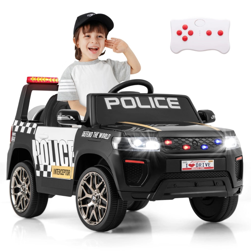 Auto della polizia per bambini con telecomando connessione wireless musica clacson sirena e luci LED, Auto elettrica Nero