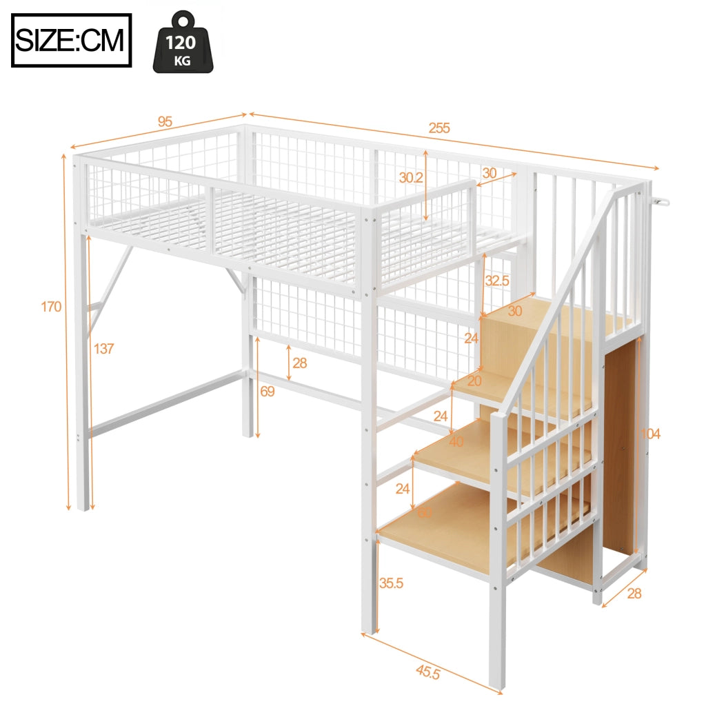 Letto a soppalco in metallo 90x200 con scala contenitore e LED smart
