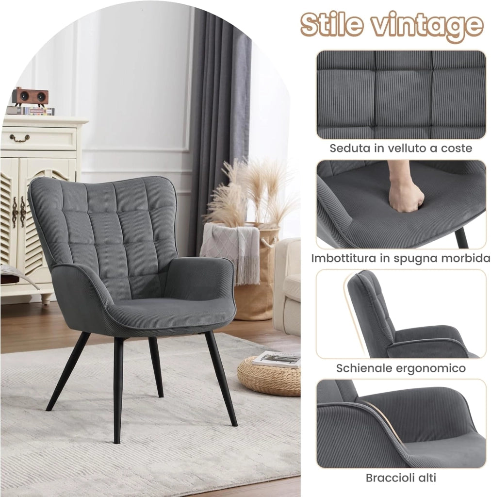 Poltrona Relax ad Ala, Poltrona Salotto Braccioli Alti, Sedia Poltrona per Camera da Letto, Soggiorno, Sedile in Velluto a Coste, Gambe in Metallo, Motivi a Quadri, Grigio Scuro, SKS31dgr