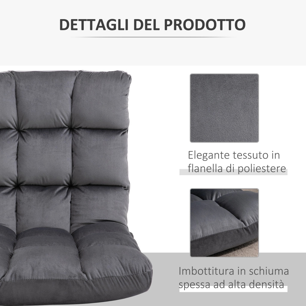 Poltrona da Terra 55x71x53,5 cm con Schienale Reclinabile fino 180° e Imbottitura Spessa in Velluto Grigio Scuro