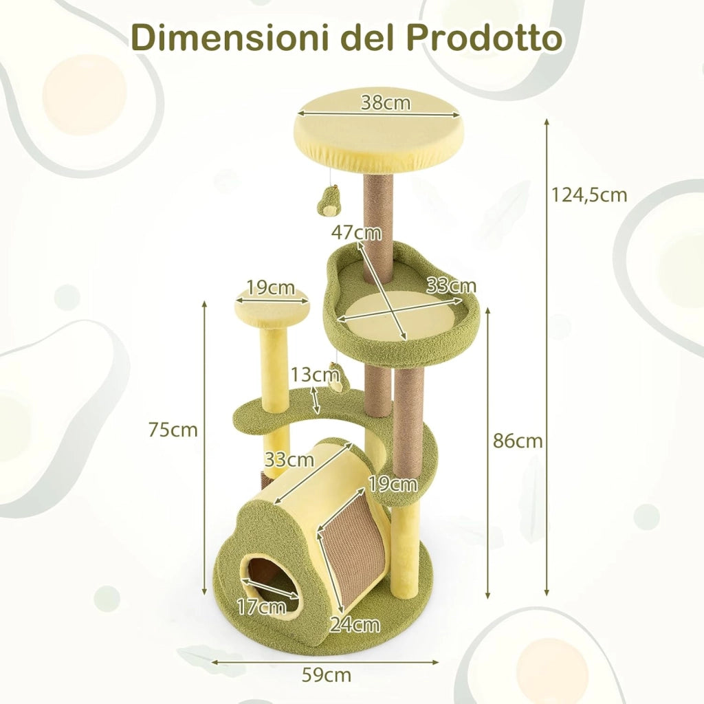 Albero per Gatti Multilivello 125 cm Stile Avocado, Tiragraffi Gatto con 3 Pali in Sisal, 4 Piattaforme, 2 Pompon e Grotta, Cuccia Albero Gatto Imbottito in Peluche con Tavola di Juta