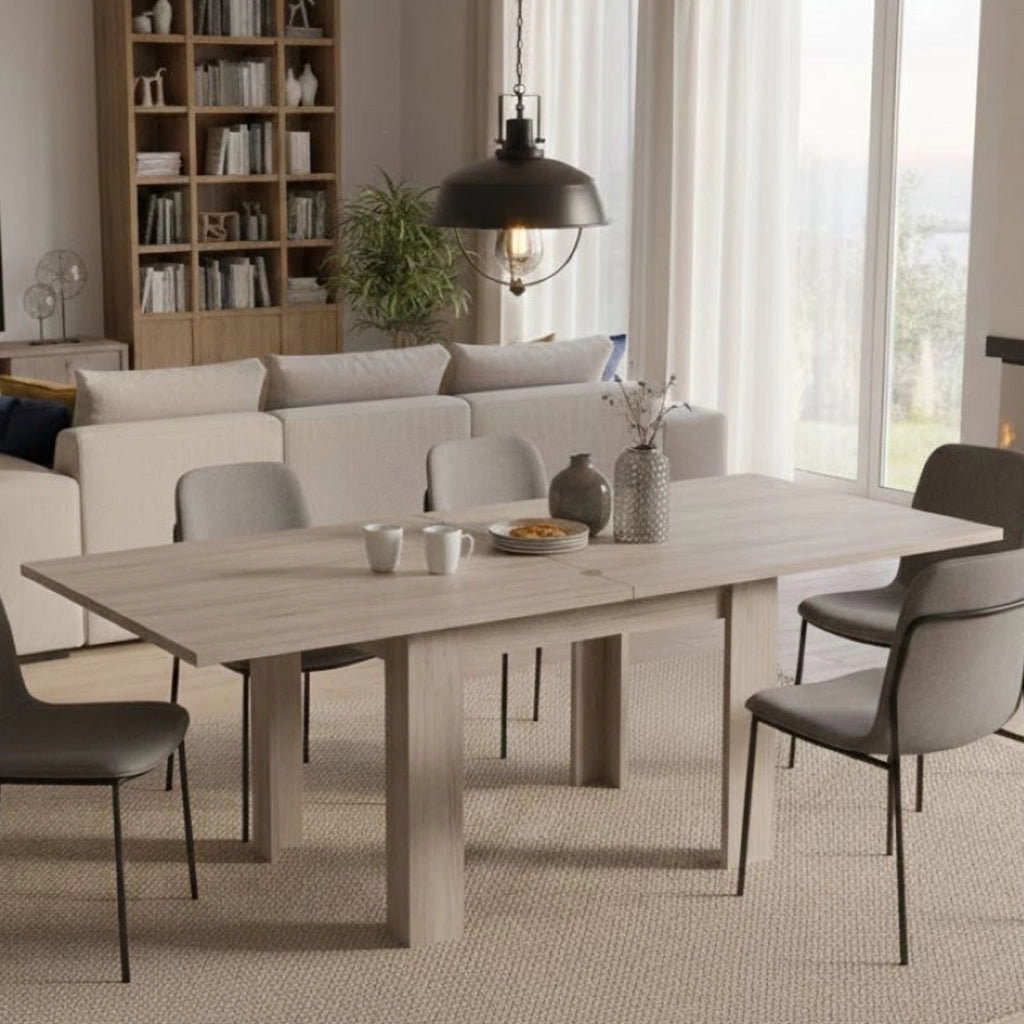 Tavolo da pranzo con apertura a Airin, Made in Italy, Consolle ausiliare da cucina, Tavoloallungabile, cm 90x90h75, Olmo perla