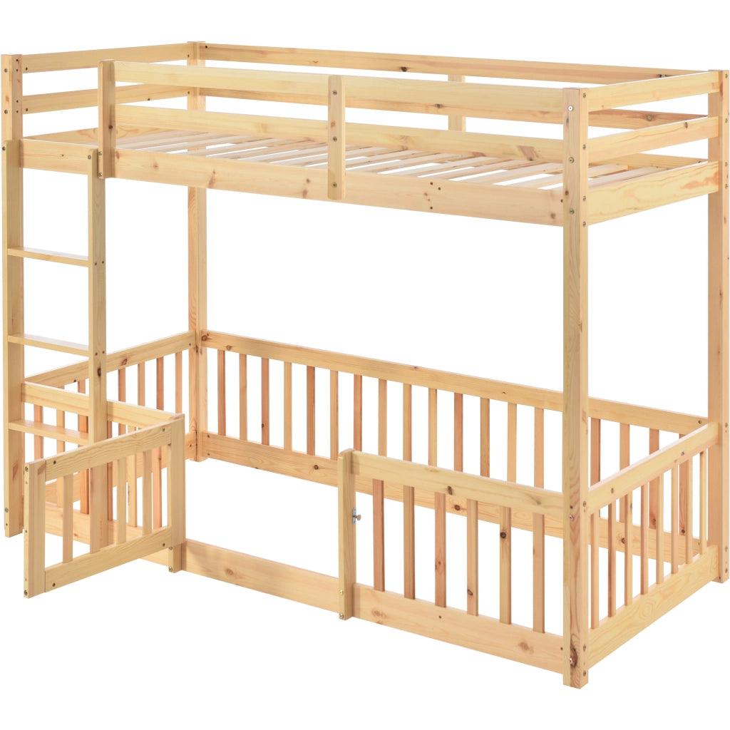 OKWISH Letto a Castello 90×200 cm, Letto Singolo con Scala Dritta, Sponde e Porta, senza Materasso, in Legno Massello, Naturale