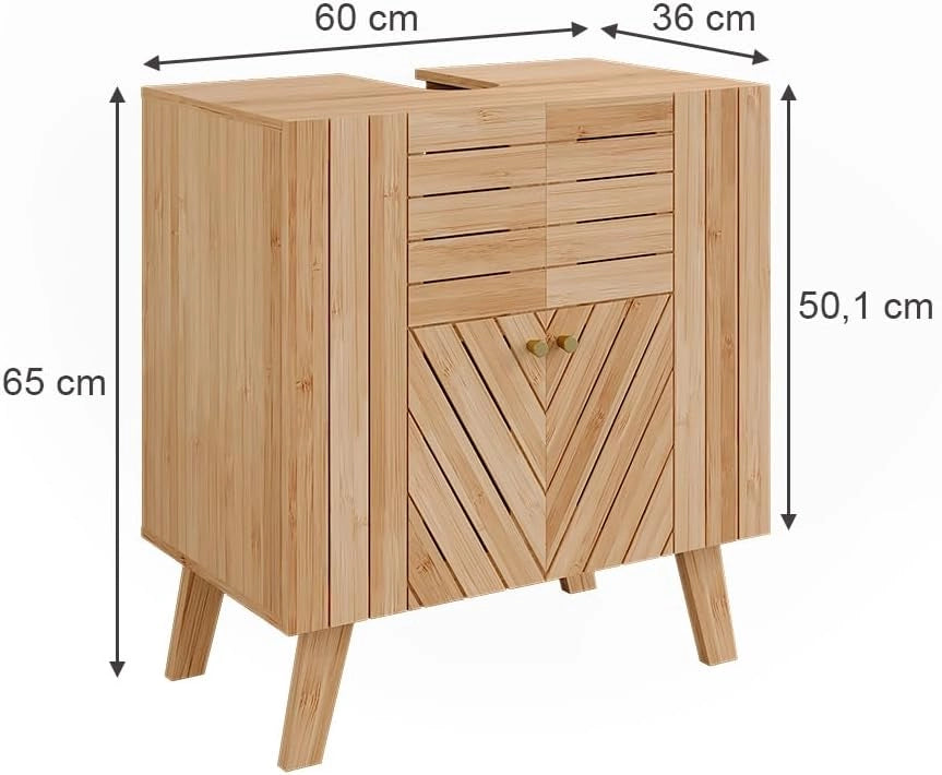 Mobiletto per lavabo Lucie, Bambù, 60 x 65 cm con 2 porte, adatto per la conservazione salvaspazio di accessori da bagno