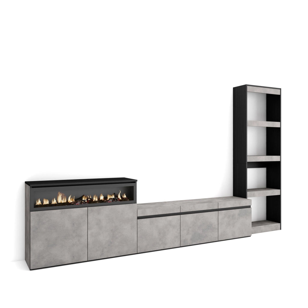 Mobile TV, Soggiorno, 310x35x186cm, Per TV fino a 65", Camino elettrico, grigio cemento RF3167