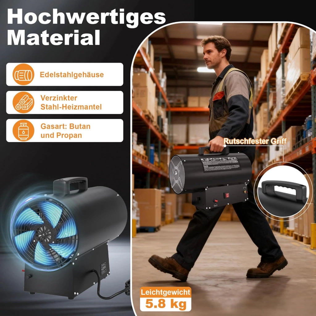 Ventola di riscaldamento a gas da 30 KW per interni in acciaio inox, riscaldamento a gas, con tubo di collegamento e regolatore di pressione del gas, per una superficie efficace 450 m²