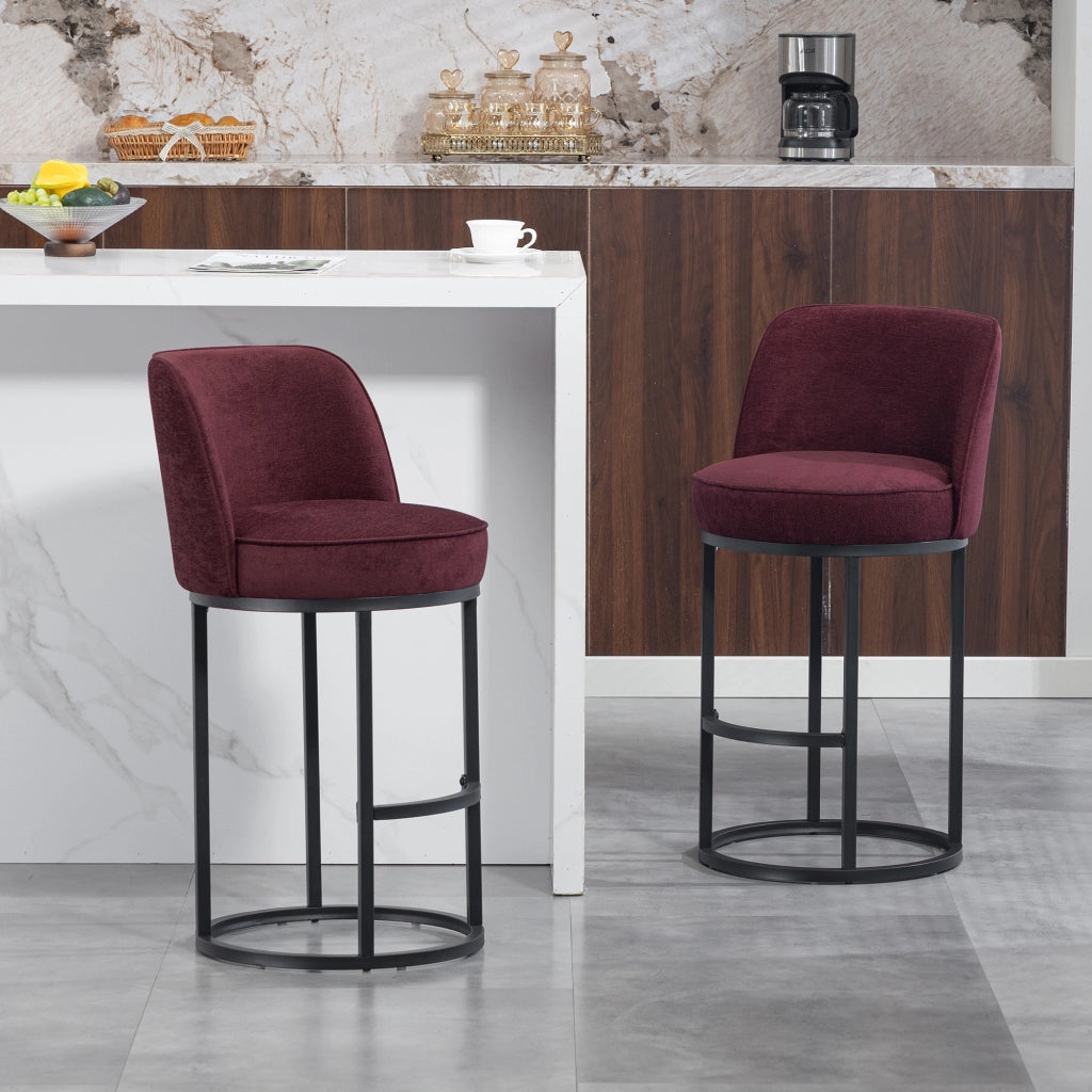 Set di 2 Sgabelli da Bar con Schienale Ergonomico e Poggiapiedi; per Cucina e Bancone; Lino Rosso Vino