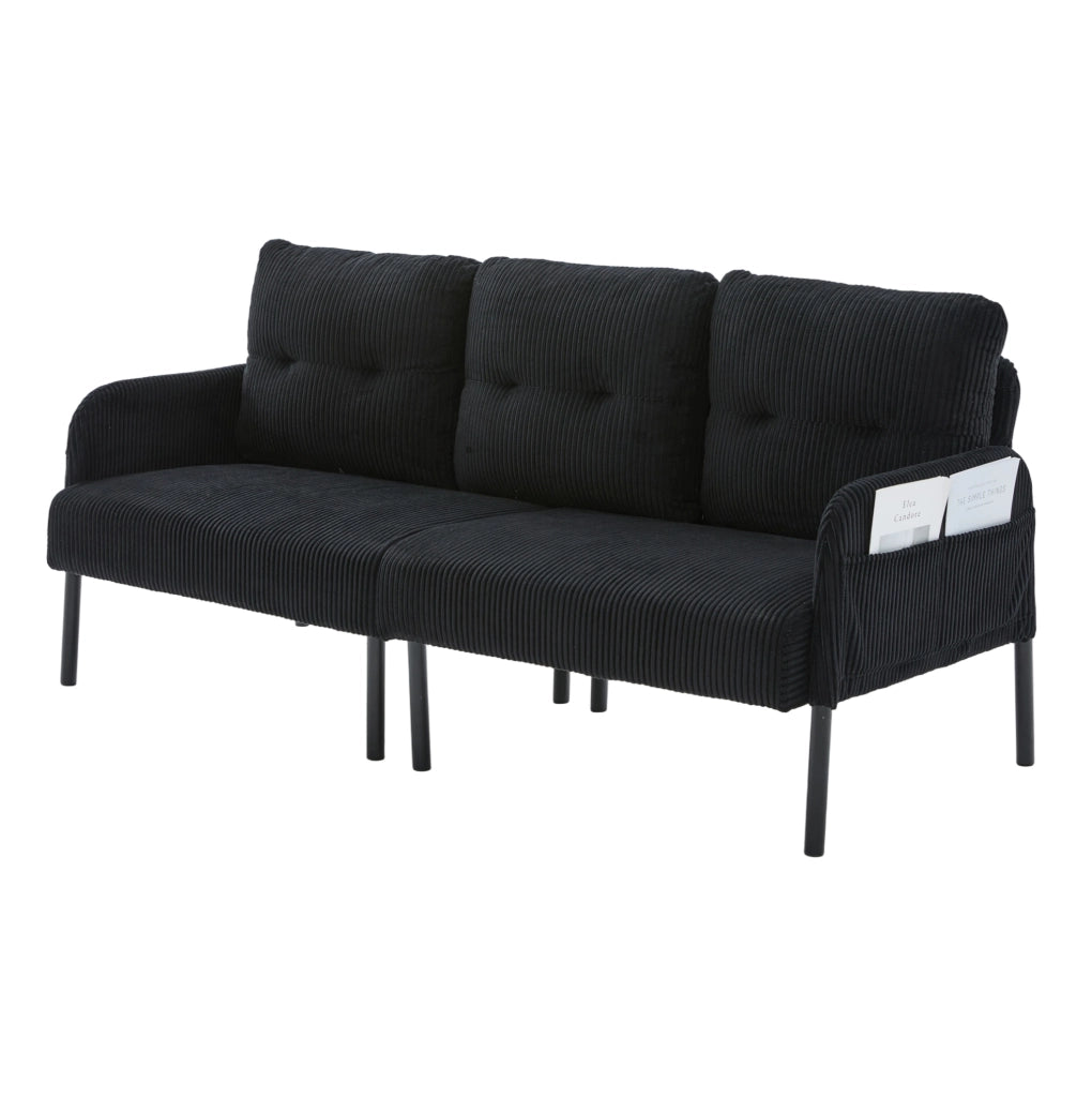 Divano 3 posti in corduroy nero con tasca laterale; struttura in metallo; 171 x 72 x 80 cm