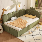 Letto daybed L 90x200 cm in velluto verde con testiera a corona e contenitore