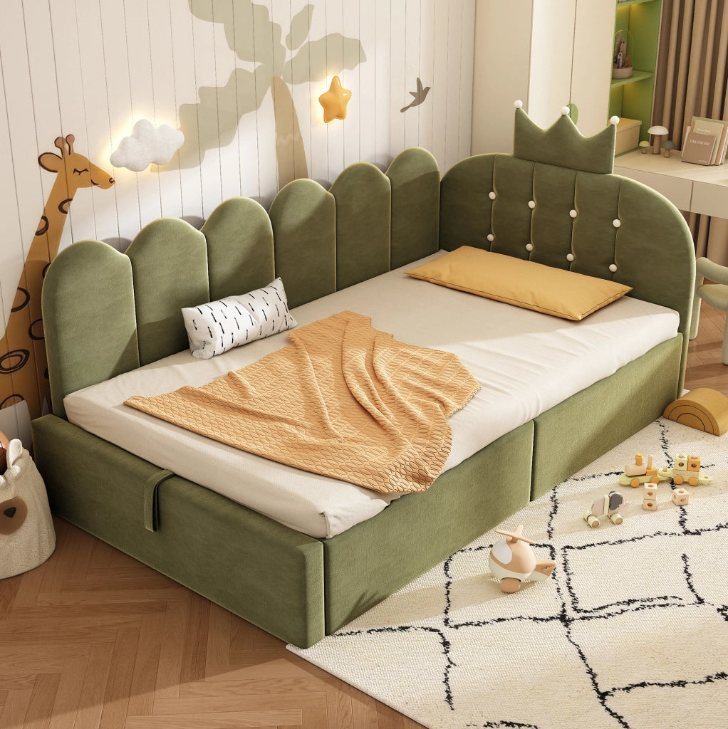 Letto daybed L 90x200 cm in velluto verde con testiera a corona e contenitore