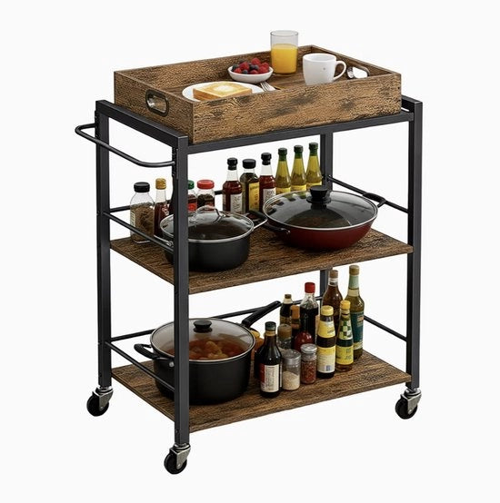 Carrello da Cucina con 3 Scomparti | Struttura in Acciaio con Accenti in Legno | Handicap e Ruote | Nero | 82 × 40 × 75 cm