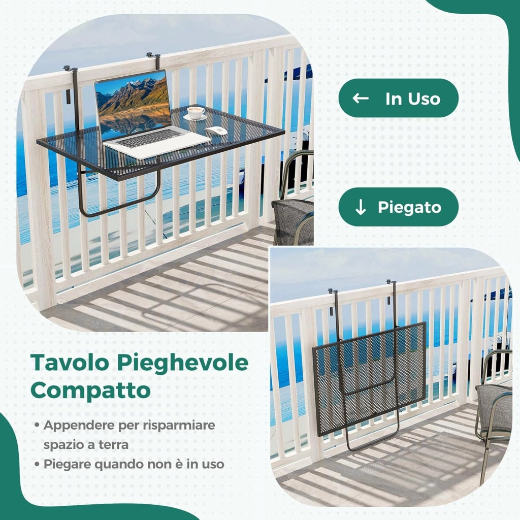 Tavolino da Balcone, Tavolino Sospeso Pieghevole con Struttura in Metallo, Tavolo Salvaspazio da Ringhiera per Patio e Terrazzo, Portata 23 kg, 60,5 x 50,5 x 51 cm