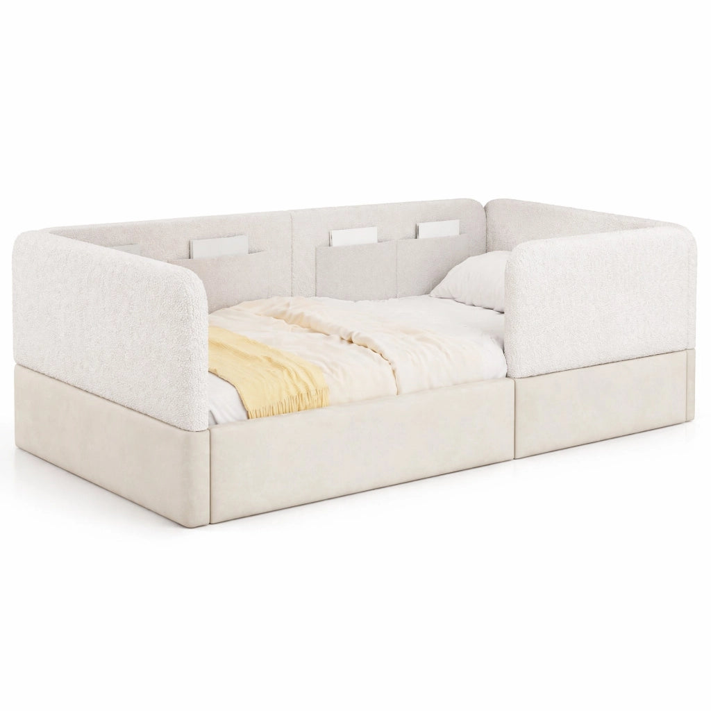 Letto piattaforma imbottito 90x200 cm con spondine e tasche portaoggetti; bianco
