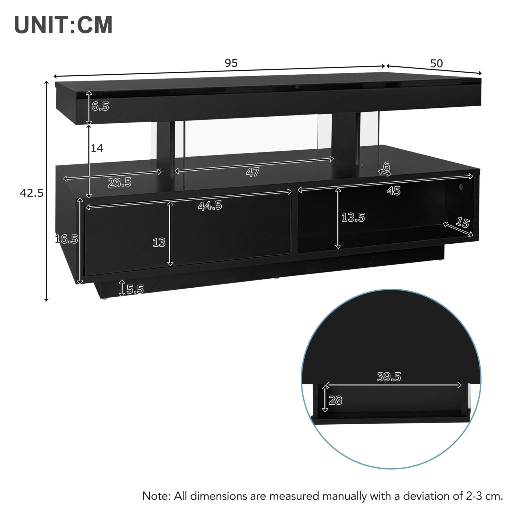 TAVOLO BASSO 95x50x42,5 cm Nero Lucido con 4 inserti in vetro, 2 cassetti e 2 vani aperti