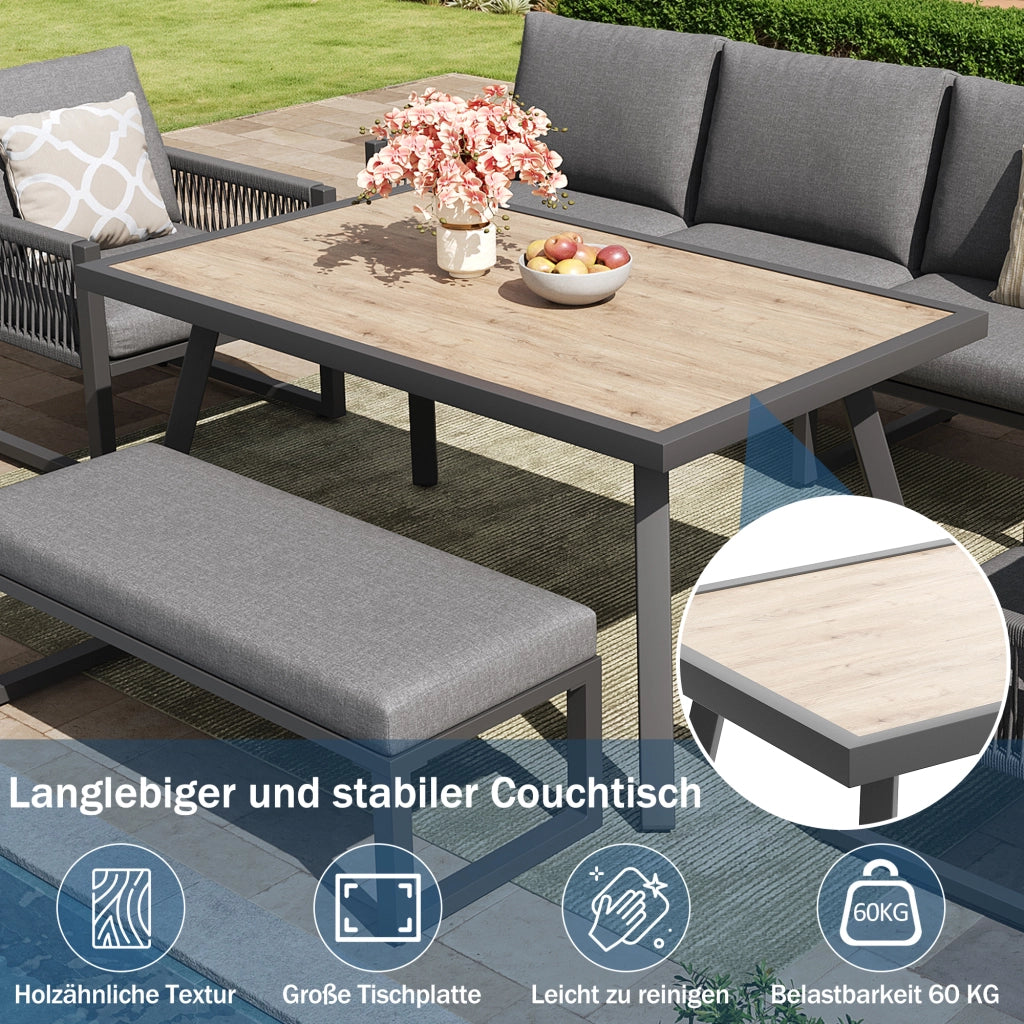 Set mobili giardino: Divanooo esterno 6-7 persone; lounge + tavolo pranzo; polyrattan; resistente intemperie