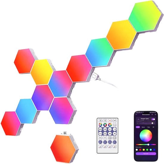 Lampada LED a forma di esagono per decorazione di gaming - 12 pezzi - Lampada RGB a parete con sincronizzazione musicale e controllo tramite app - per impostazione gaming - controllo tramite app e telecomando