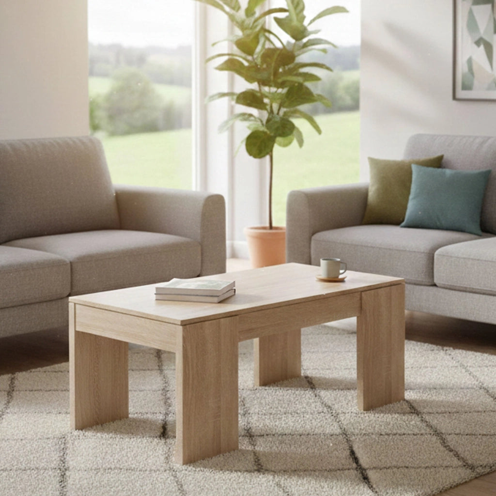 Tavolino da salotto Almo, Tavolino da caffè con piano elevabile, Tavolo basso da soggiorno, cm 100x50h43/84, Rovere