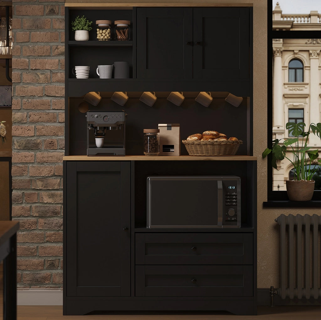Buffet cucina multifunzionale con LED e prese; vano microonde 100x40x163 cm; nero
