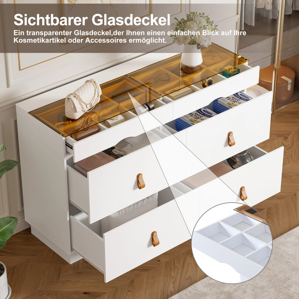 Cassettiera con 6 Cassetti e Ante in Vetro ¨C Xylo ¨C Bianco, 120x40x78