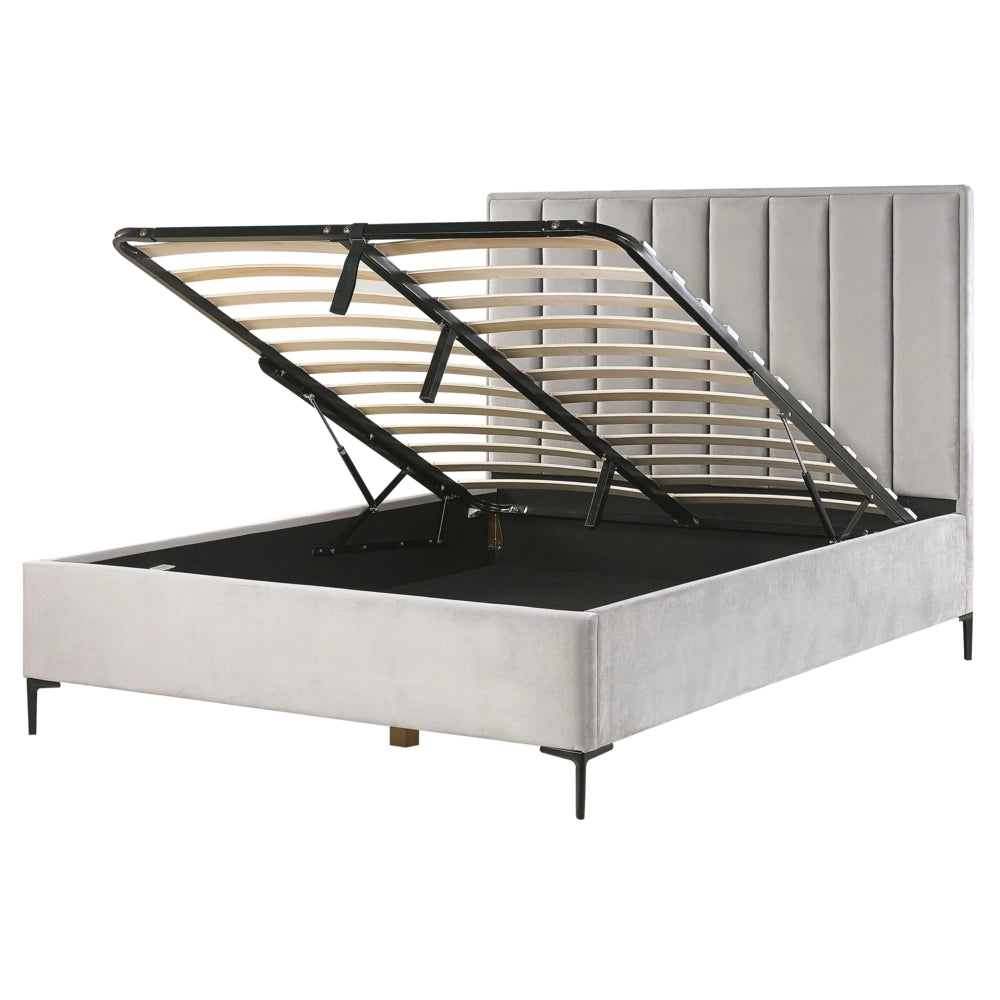 Letto in velluto grigio chiaro 160 x 200 cm con contenitore ottomana testiera imbottita gambe in metallo Nero