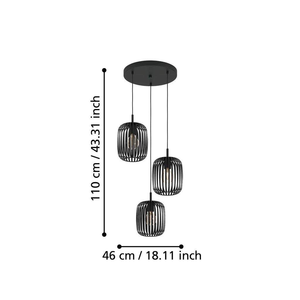 Lampadario A Sospensione Minimal Romazzina Acciaio Nero 3 Luci E27