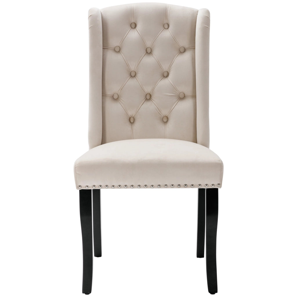Sedia da sala da pranzo 2 pezzi in velluto con bottoni e borchie argentate, schienale curvo e gambe in rovere beige