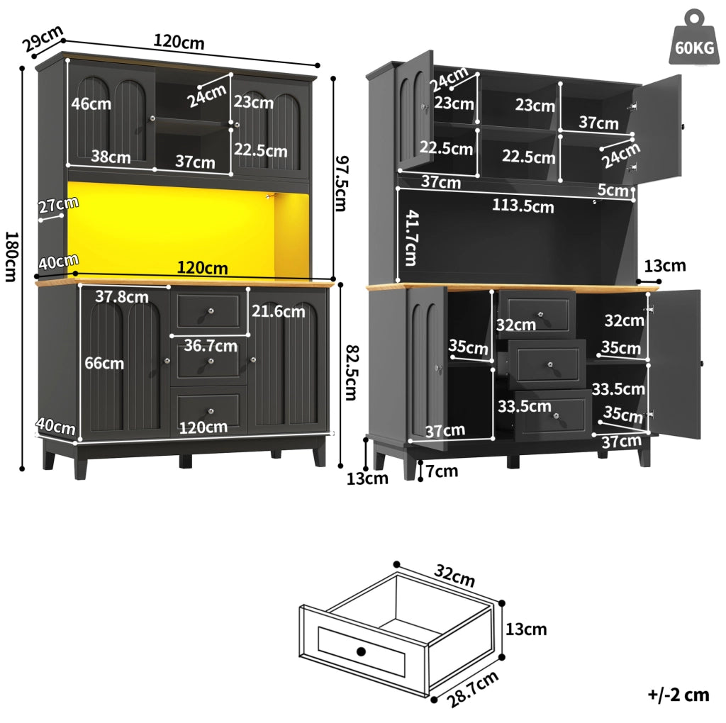 Vetrina alta 120x40x180 cm con LED multicolore, USB, 4 ante e 3 cassetti