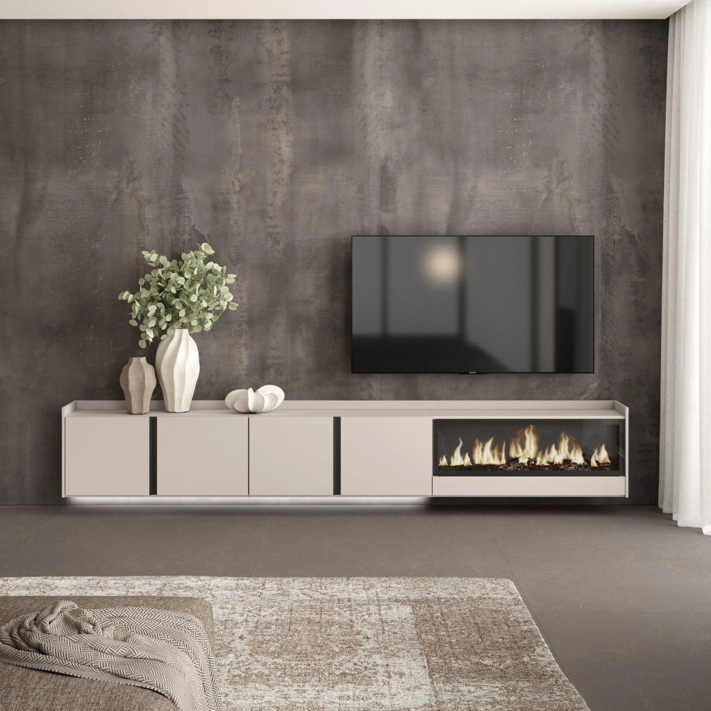 Mobile TV Soggiorno, 315x50x35 cm, Per TV fino a 80", Camino elettrico XXL, Sospeso, da appendere, LED, Beige