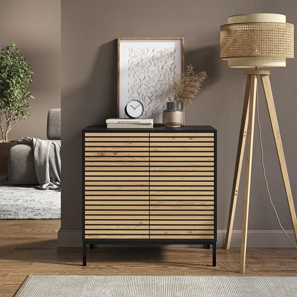 Cassettiera Eliza, Quercia dorata/antracite, 80 x 81.2 cm con 2 porte, Meccanismo push-to-open e superficie facile da pulire