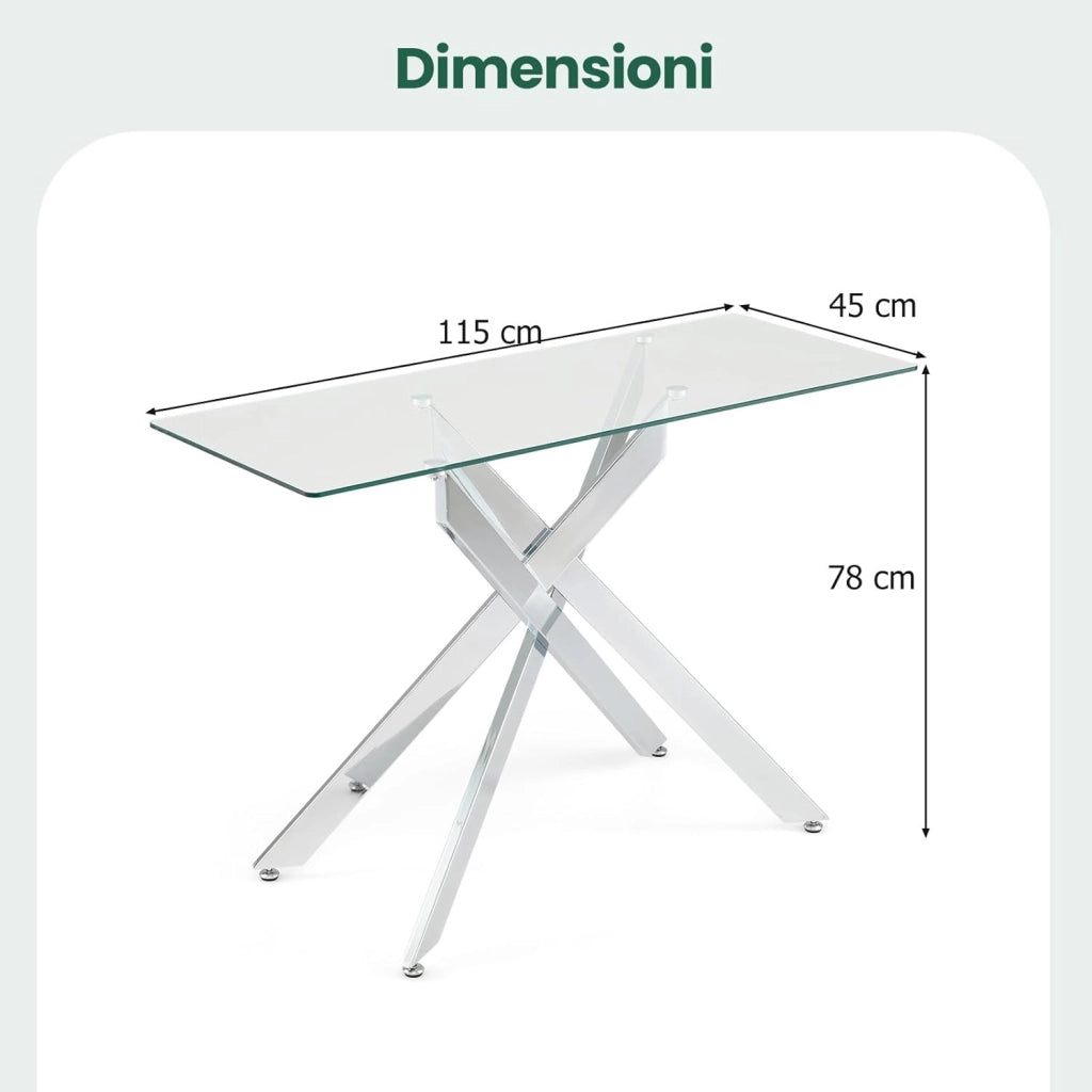 Consolle Ingresso in Vetro Temperato, Tavolo d'Ingresso con Gambe Incrociate in Metallo Placcato e Piedini Regolabili Antiscivolo, Tavolo per Corridoio, Entrata e Salotto (Argento)