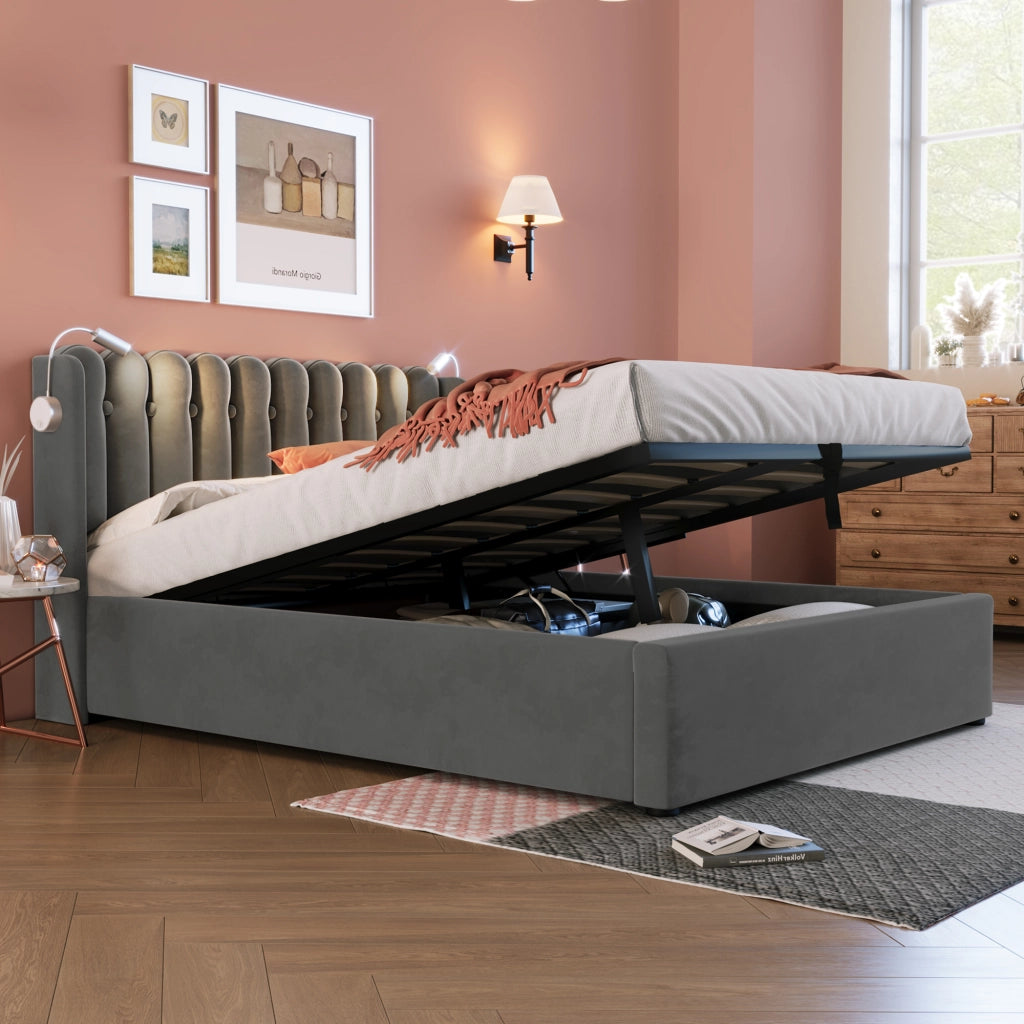 Letti contenitori 160x200 cm con luce da lettura e 2 USB; velluto; grigio (Senza materasso)