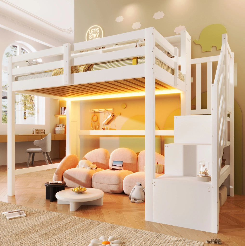 Letto a soppalco per bambini 90x200 cm con LED e scala contenitore