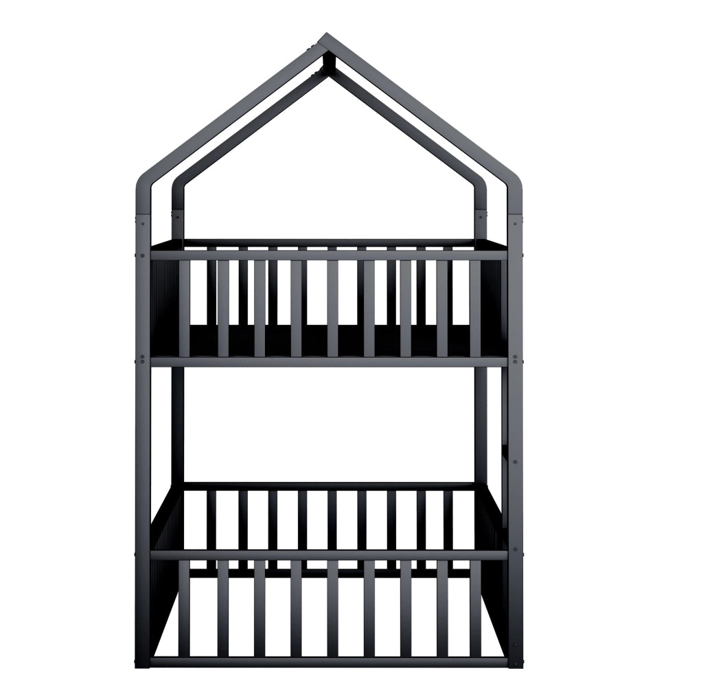 Letto a castello in metallo 90x200 con design a casetta e scala frontale