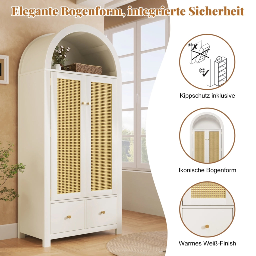 Armadio con intreccio in rattan, 2 ante, 2 cassetti e appendiabiti, stile country, bianco, 181 × 78 × 45 cm