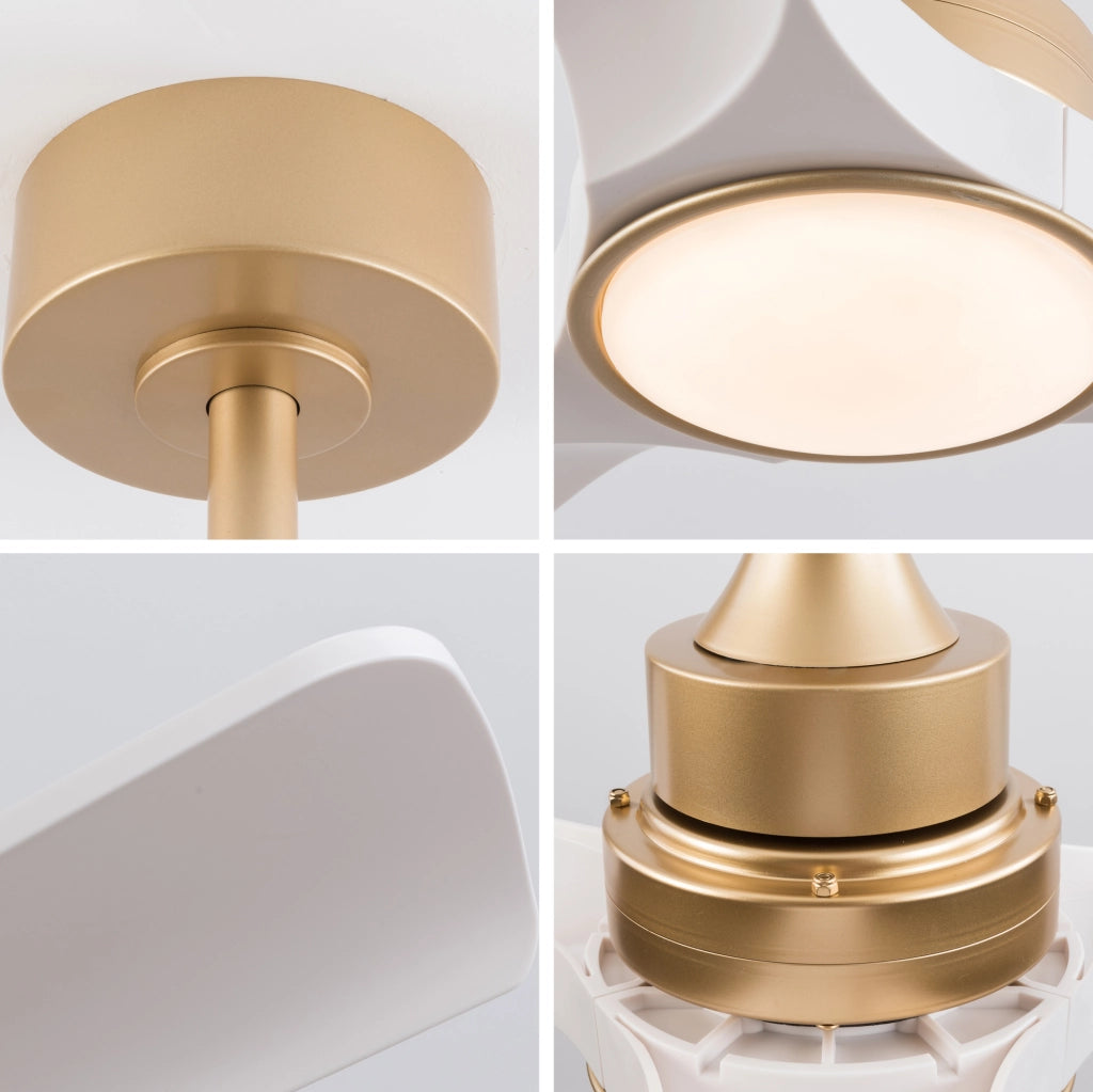 Ventilatore da soffitto con luce 52 pollici a 3 pale in ABS bianco e oro con telecomando, memoria e motore DC reversibile