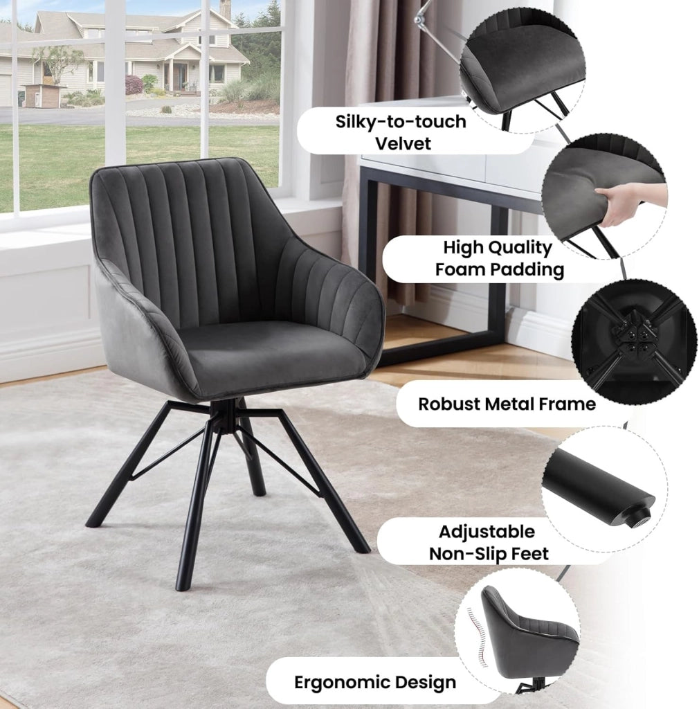 Sedie Sala da Pranzo 6 Pezzi, Sedie Cucina, Sedia Ufficio, Sedie da Pranzo Girevole Moderne con Gambe in Metallo, Seduta in Velluto, per Camera da Letto, Grigio Scuro, EZS12dgr-6