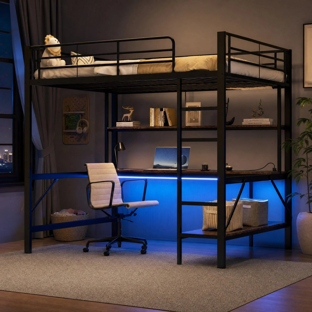 DESMIU Letto a soppalco 140 × 200 cm 2 posti con scrivania, scaffali, USB e LED, senza materasso, nero